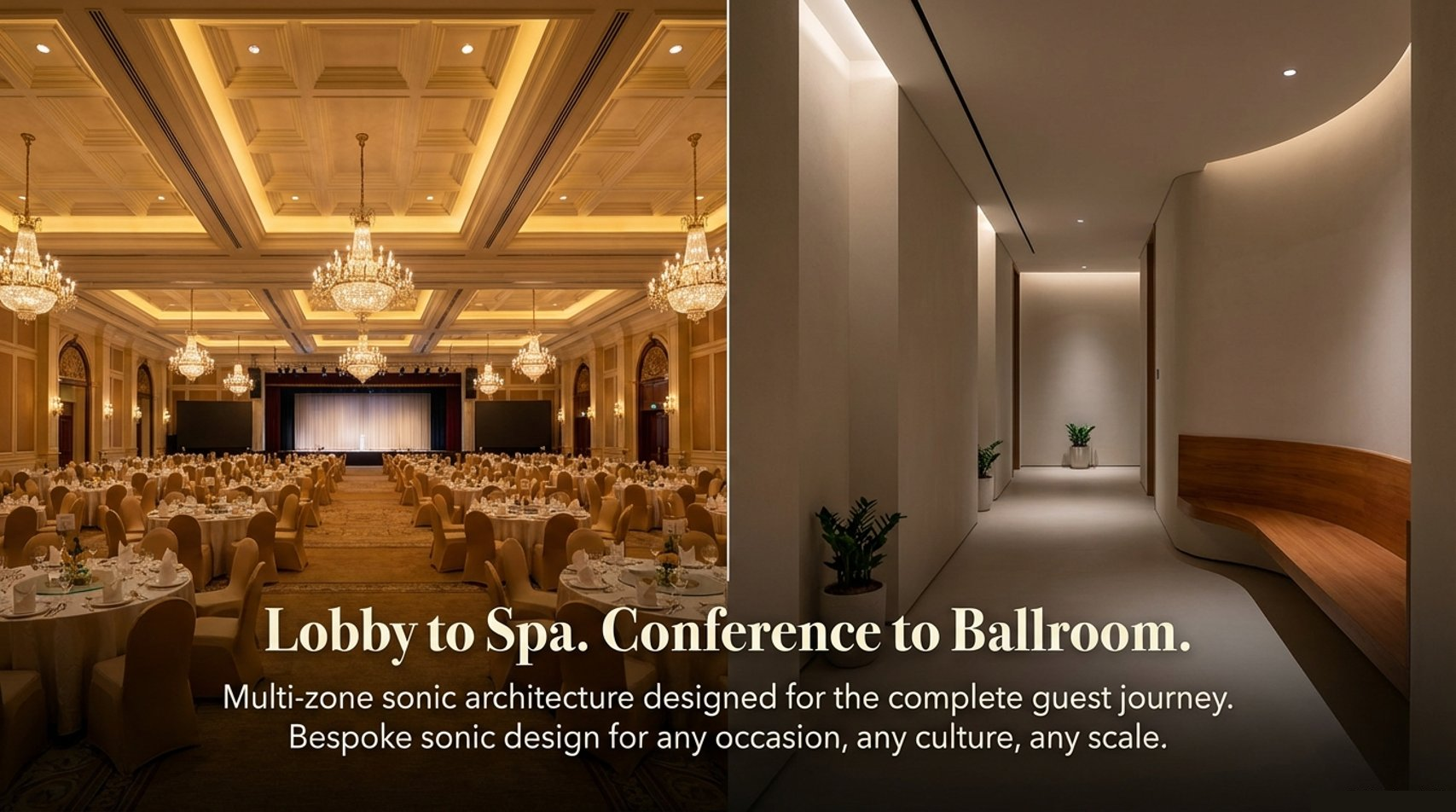 Hotels — Lobby to Spa. Conference to Ballroom. Multi-zone sonic architecture.